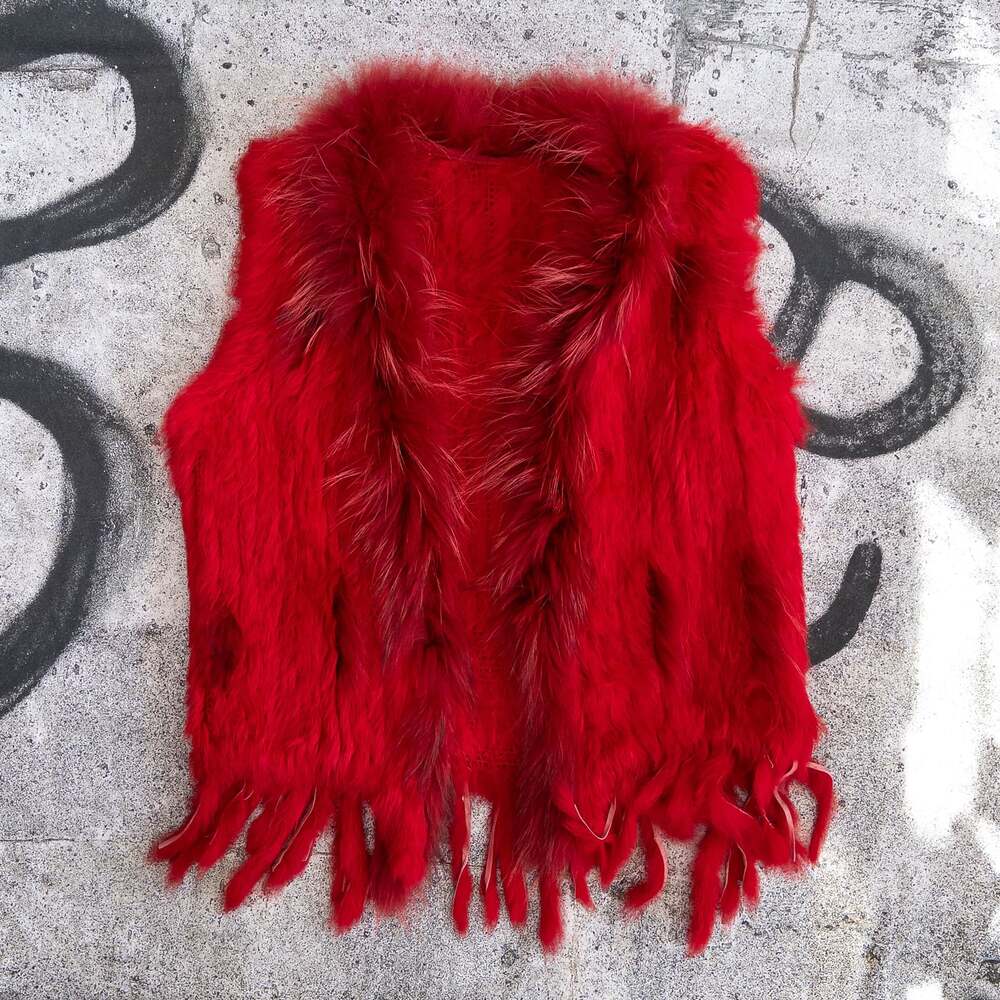 Womens Fur Vest with‎ Fur Collar Knitted Top Coat Winter